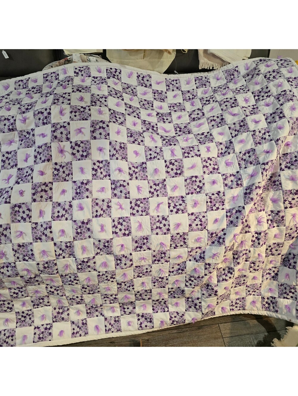 Vintage Handmade Purple and White Patchwork Quilt 1960's 1970's MCM
